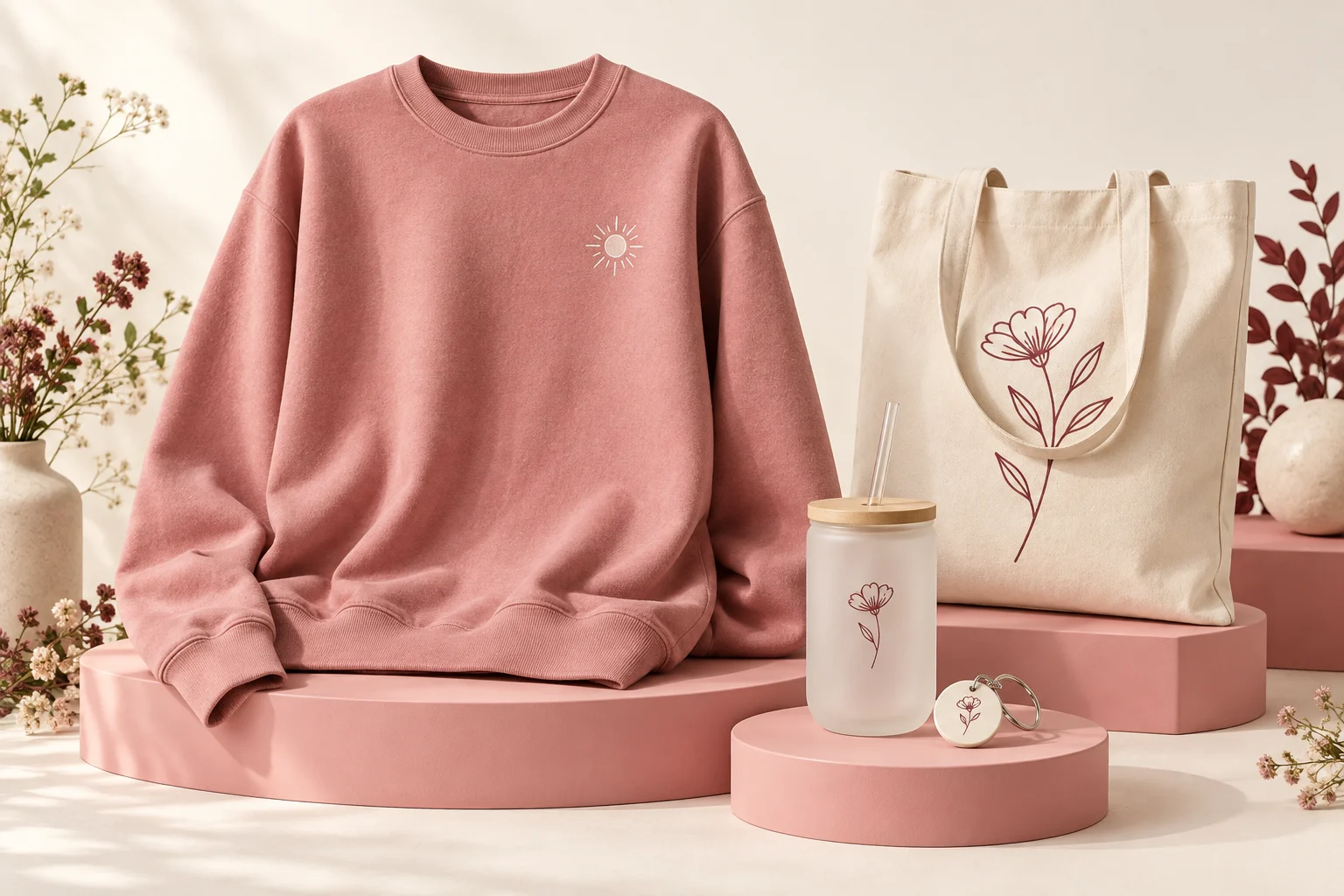 Personalized rose sweatshirt, floral canvas tote, frosted glass cup and round keychain in a warm studio setting