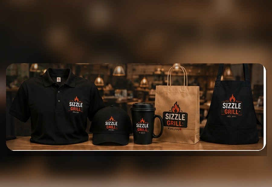 Realistic Sizzle Grill restaurant polo, cap, takeaway cup, branded food bag and apron